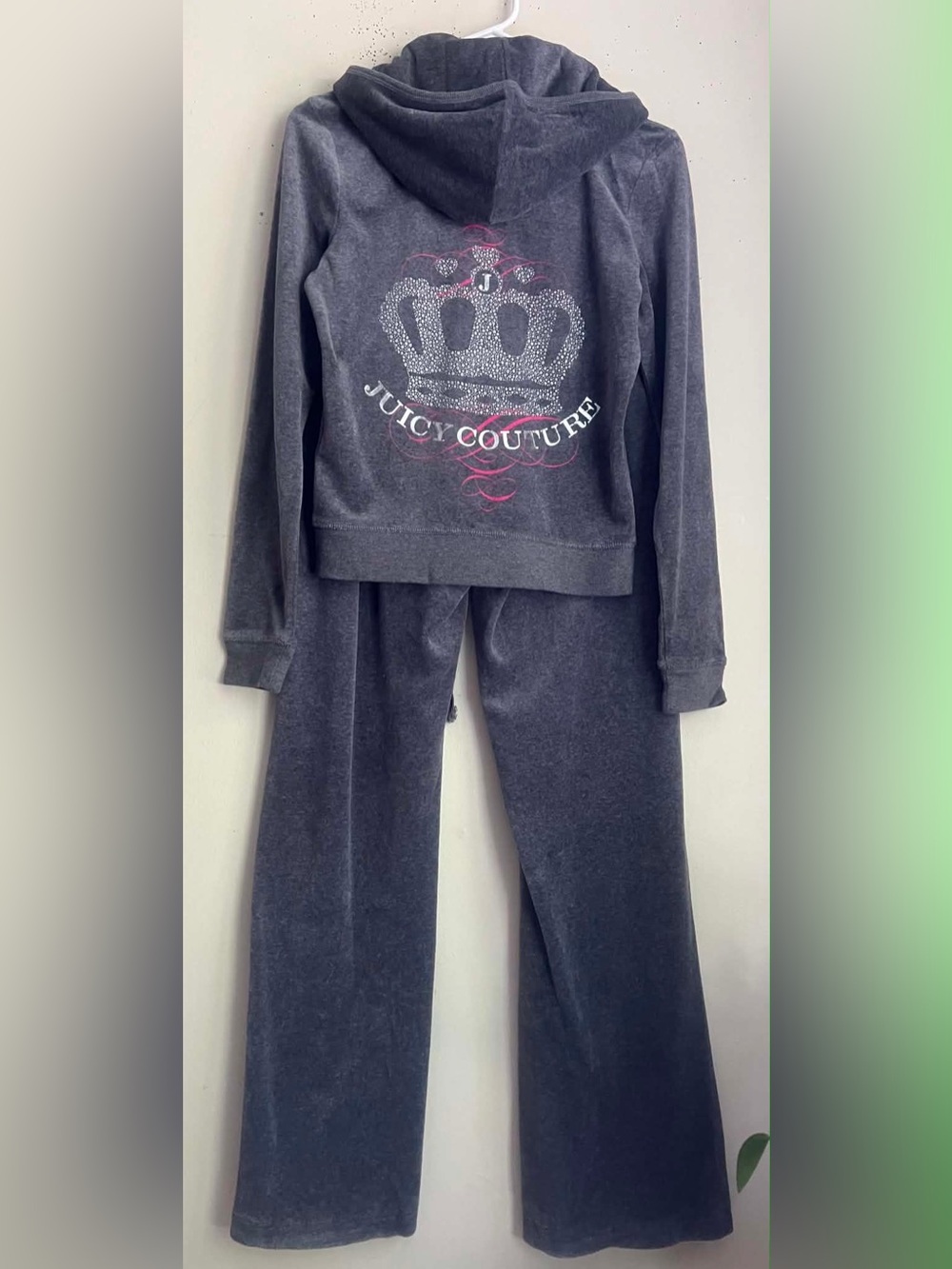 Juicy Couture Gray Velour Hoodie & Pants Set with Rhinestone Crown